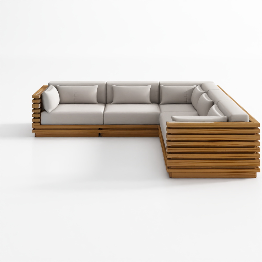 배튼 내추럴 티크 5인용 L자형 야외 소파 귀리색 쿠션 포함