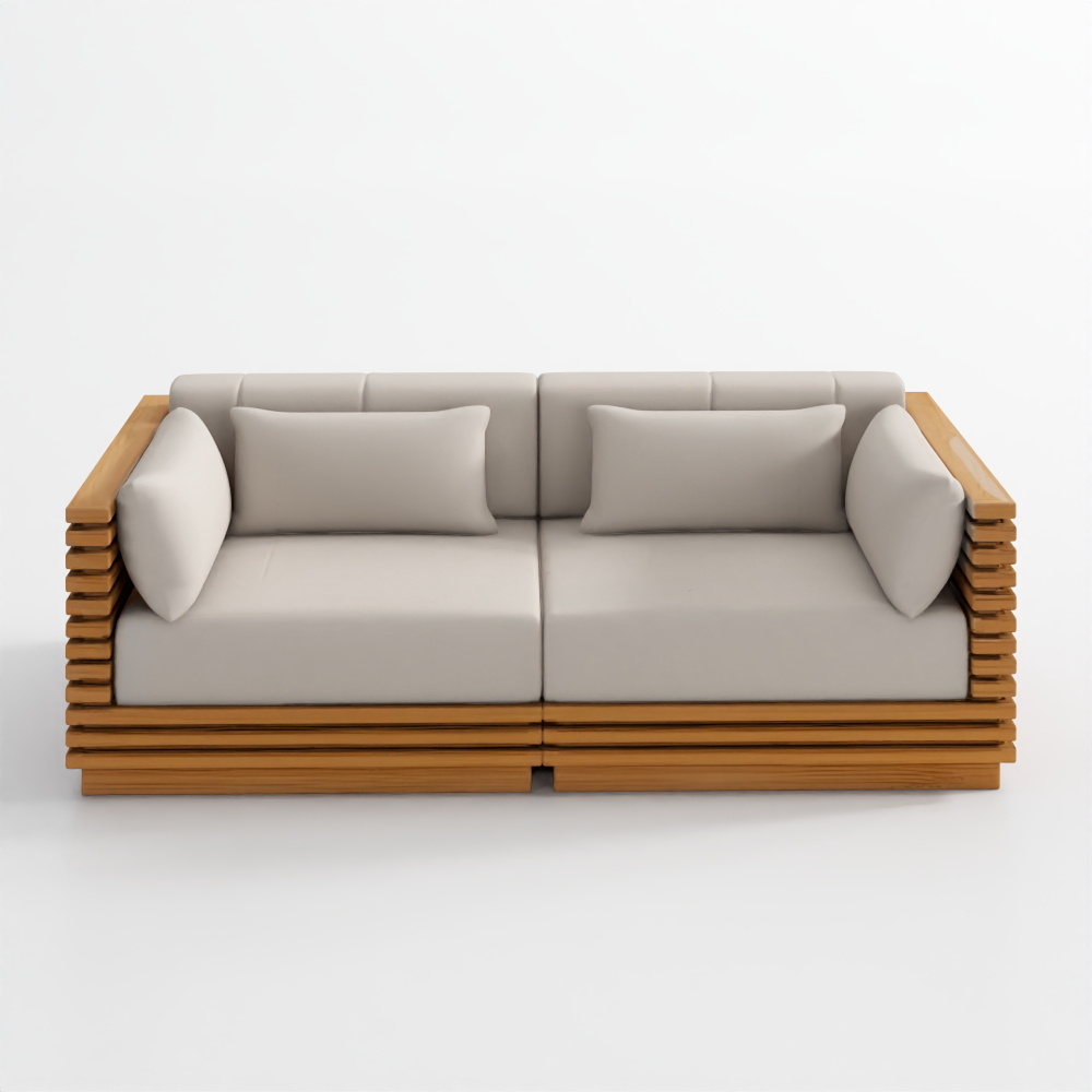 โซฟาสำหรับสองที่นั่งไม้สักธรรมชาติแบตเทน 83 นิ้ว พร้อมหมอนสีโอ๊ต