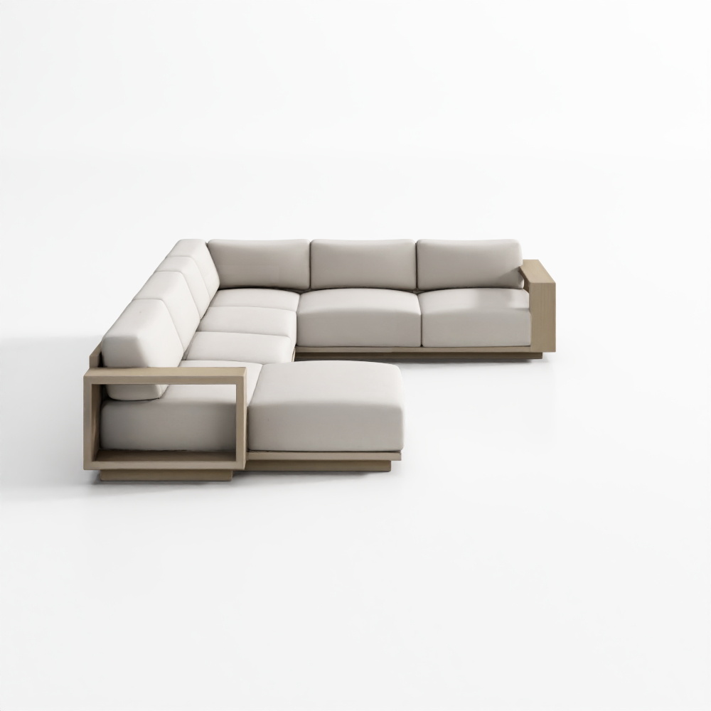 マヨルカ 木製 4点セット 左肘掛けシェーズ U字型 屋外用 セクショナルソファ アイボリークッション付