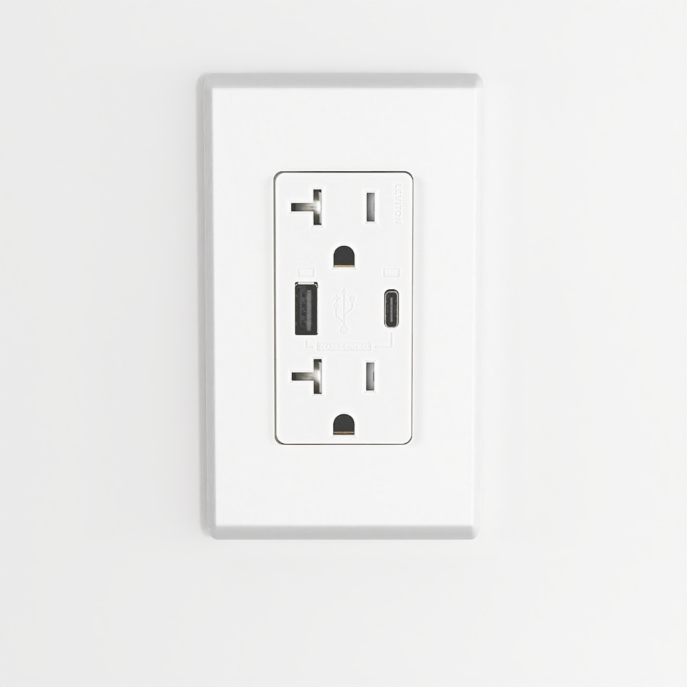 60W USB Dual Type-C & C Power Delivery Wall Outlet Charger with 20A Tamper-Resistant Outlet