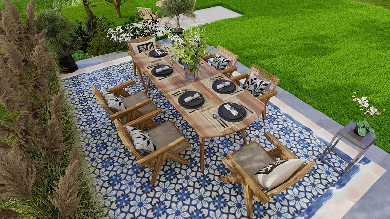 Outdoor patio dining area with wooden table and chairs on a blue patterned tile floor