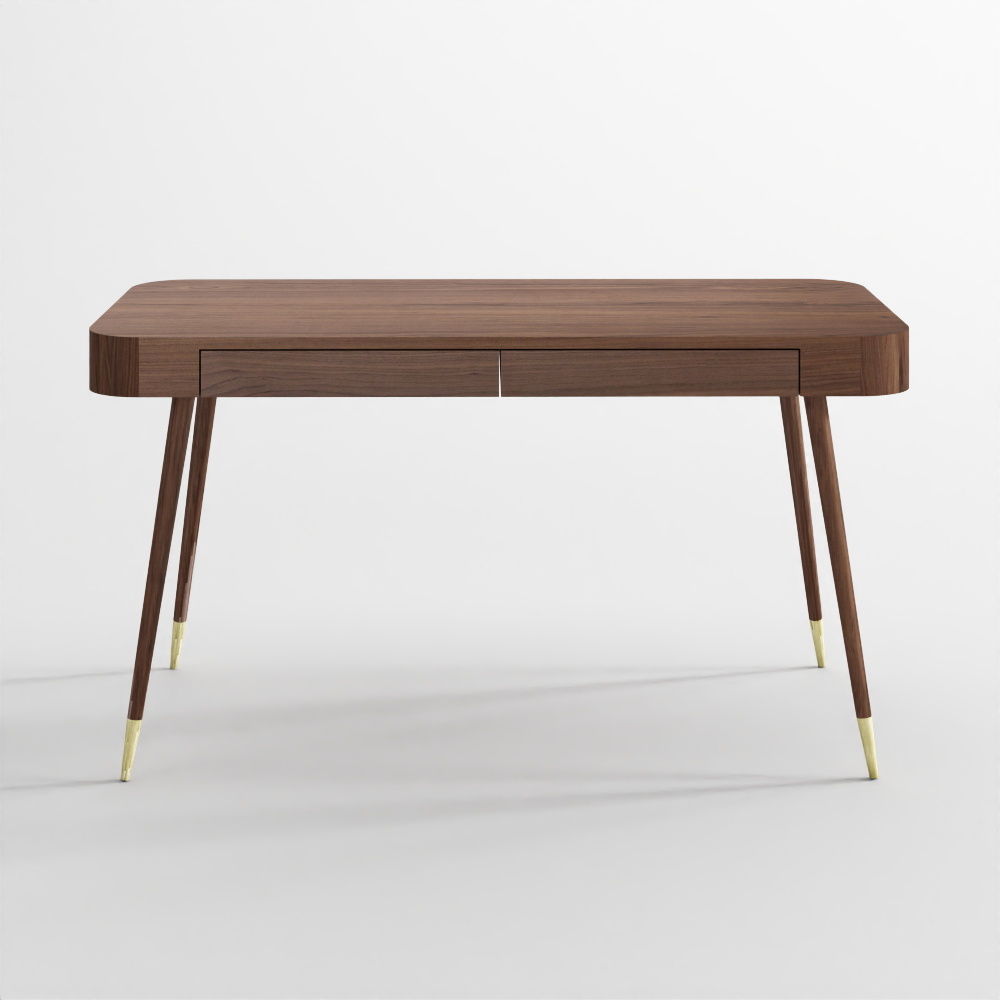 Desk with Walnut Wood and Gold Metal, Vinyl by NV GALLERY