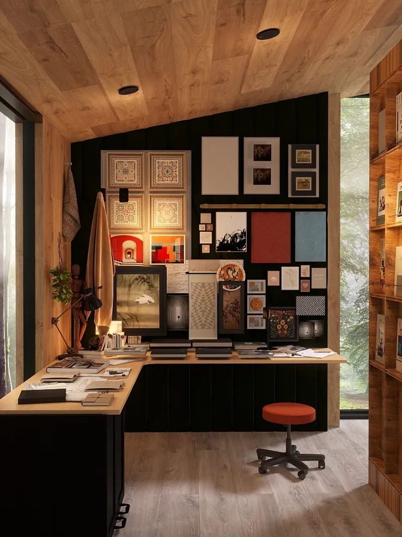 Creative home office with wooden ceiling black art wall L-shaped desk red stool and window