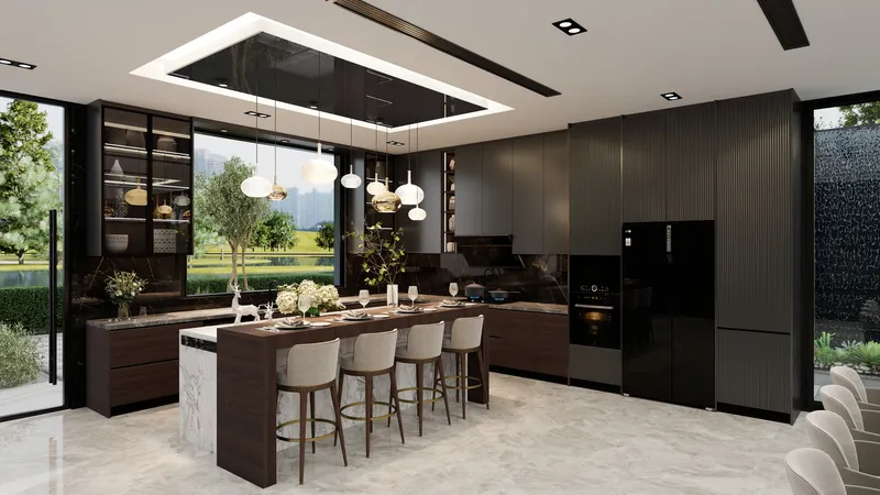 Modern kitchen with dark wood cabinets marble island four bar stools ceiling light and window