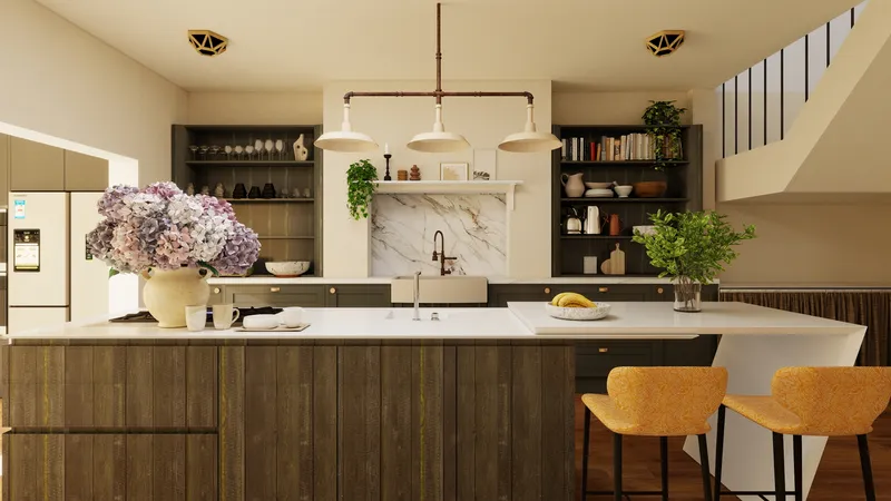 Modern kitchen island with wood panels white countertop two orange chairs and large purple flowers