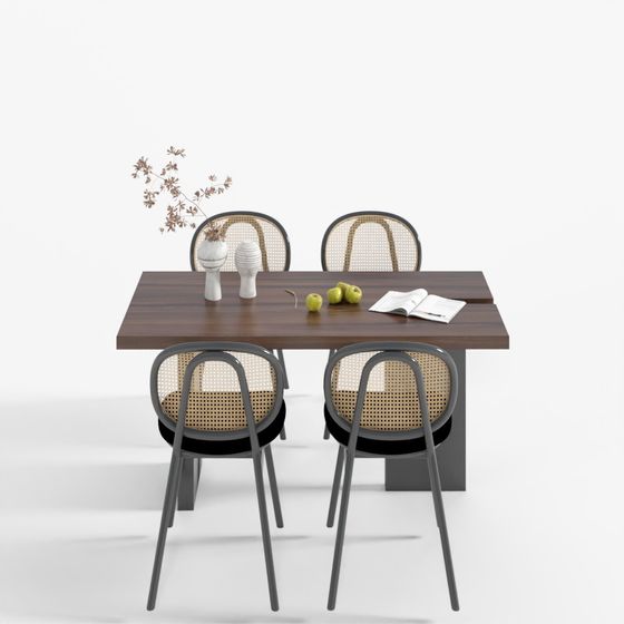 Stylish Wooden Dining Table and Rattan Chair Set 3D model