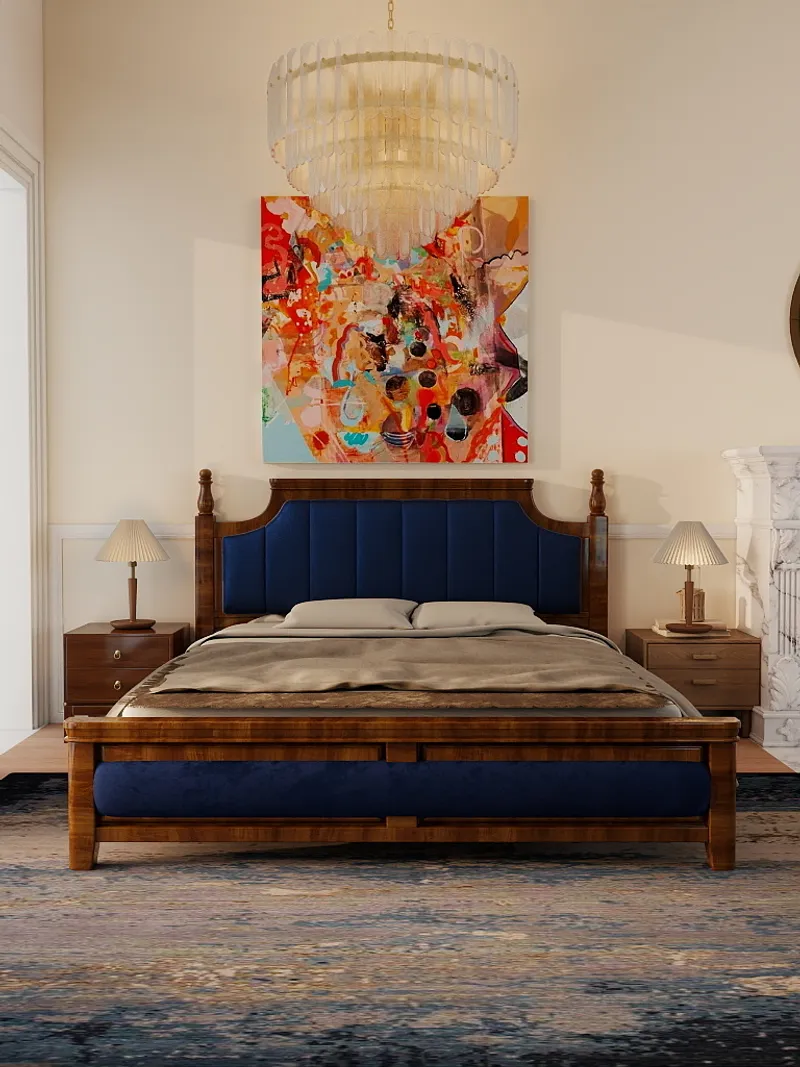 Blue wooden bed with colorful wall art glass ceiling light and lamps on bedside tables