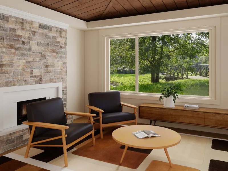 Living room with black chairs, brick fireplace, wooden coffee table, large window, and wood ceiling