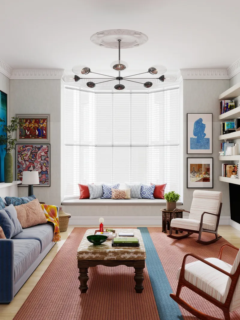 Bright living room featuring blue sofa window seat colorful rug rocking chair and ceiling light