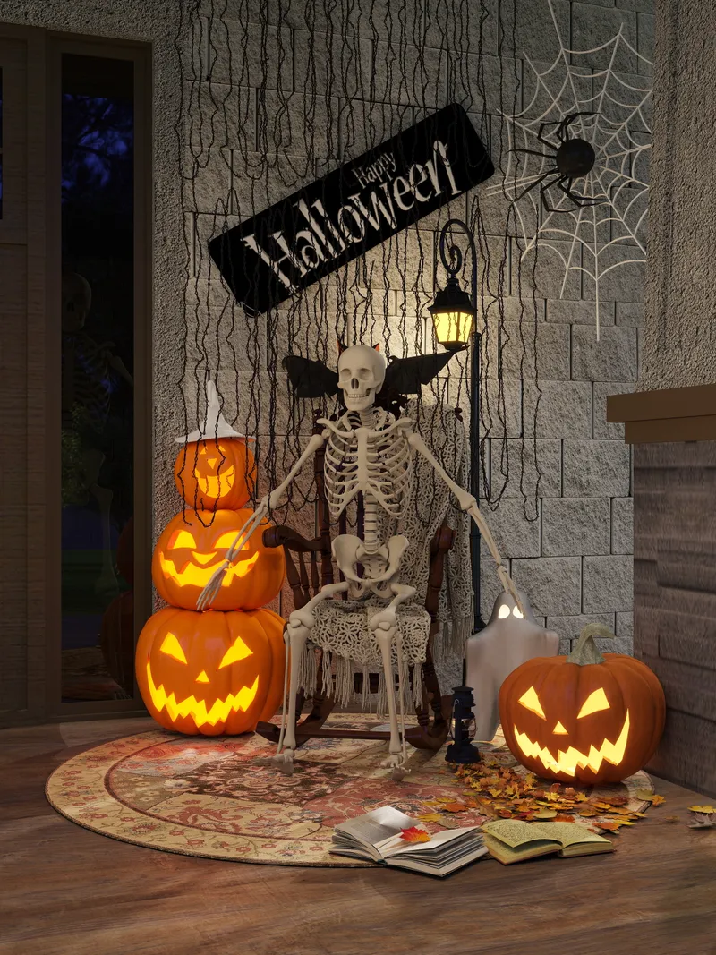 Skeleton sitting in a wooden chair surrounded by glowing pumpkins and festive Halloween decorations outdoors
