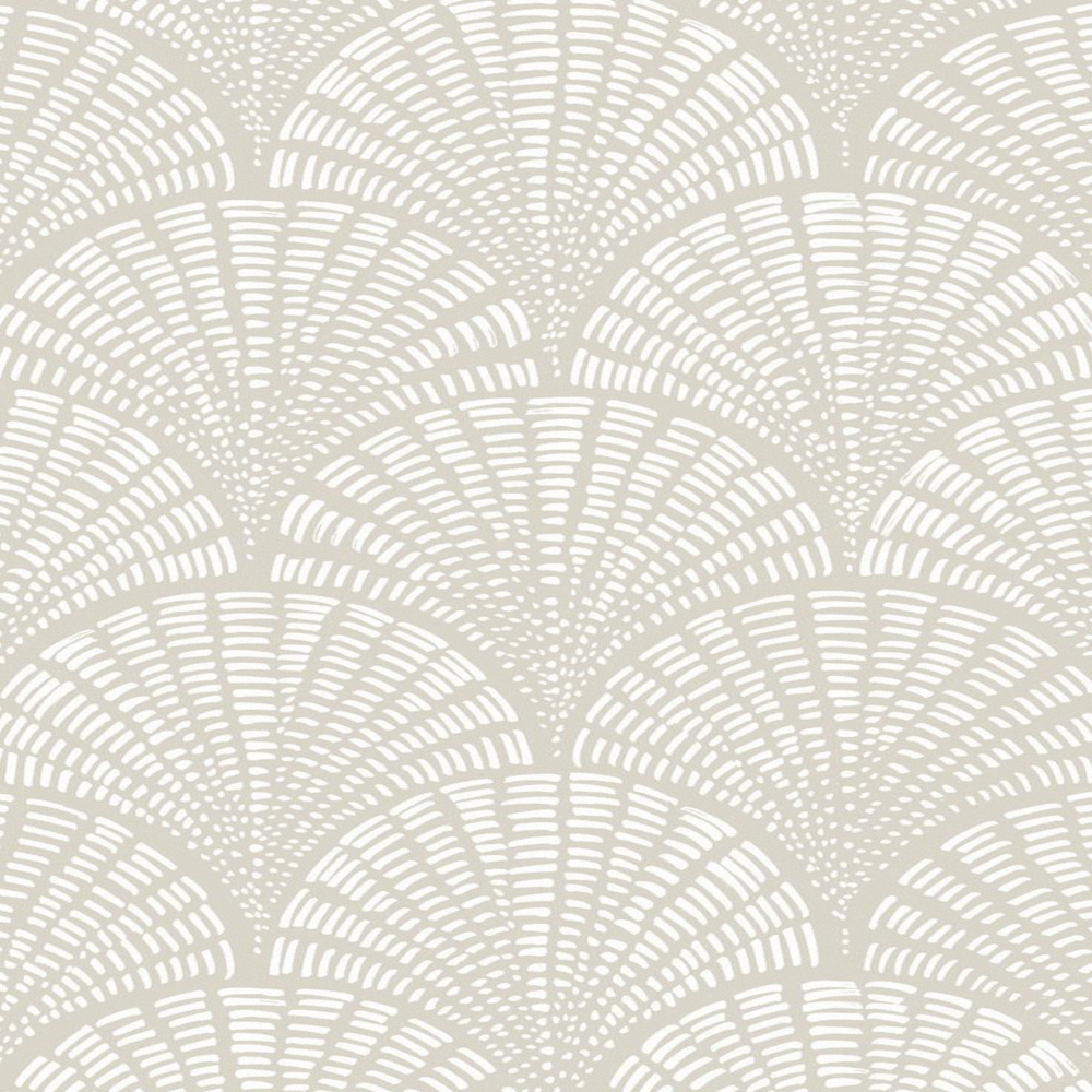 Scallop - White on Beige (Large Scale) Wallpaper