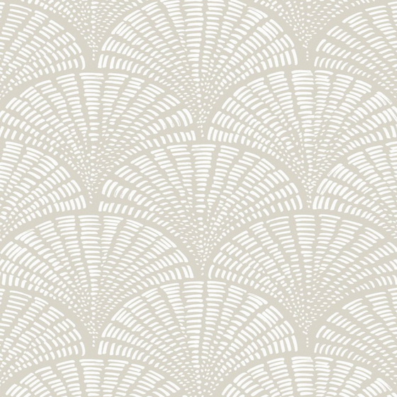 Scallop - White on Beige (Large Scale) Wallpaper