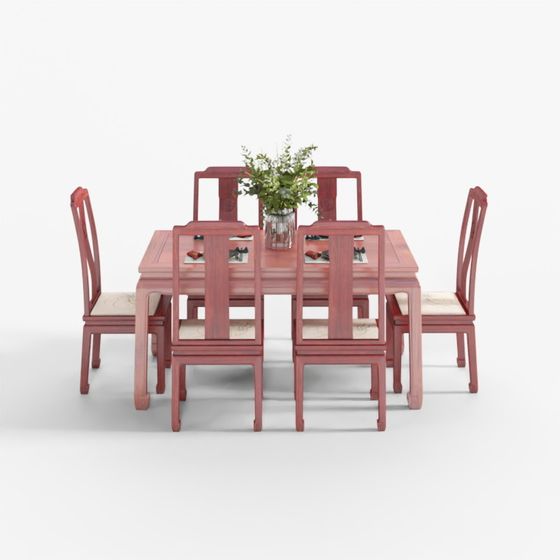 Elegant Mahogany Dining Table 3D Model with Chairs