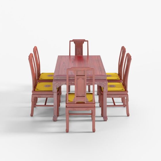 Exquisite Slightly Concave Rosewood Dining Table 3D Model with Birds and Flower Fragrance