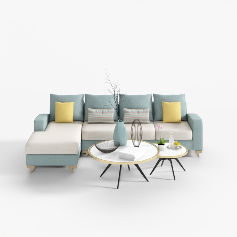 Modern light blue sectional sofa with white seat and yellow pillows on white background