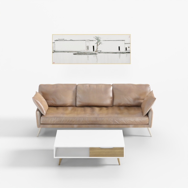 Modern brown leather sofa with white and wood coffee table on white background