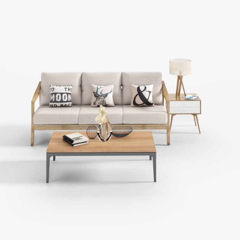 Modern living room set with beige sofa wooden coffee table and side lamp on white background