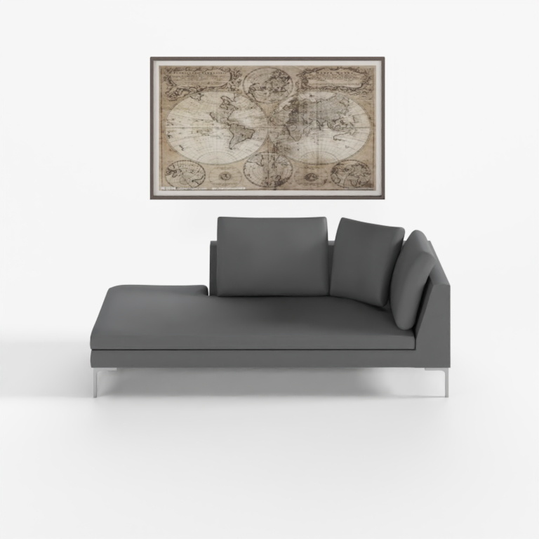 Modern grey fabric sofa with metal legs and vintage world map wall art on white background