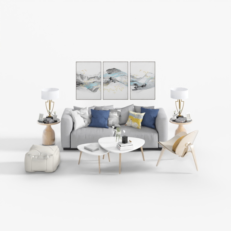 Modern living room with grey sofa and white tables on white background