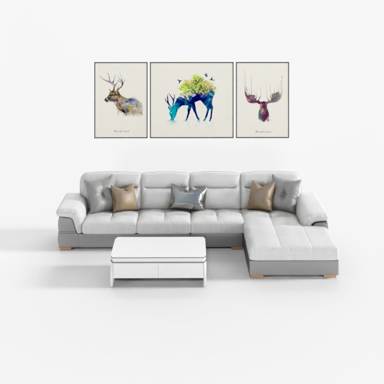 Modern light grey sectional sofa with pillows and white table on white background