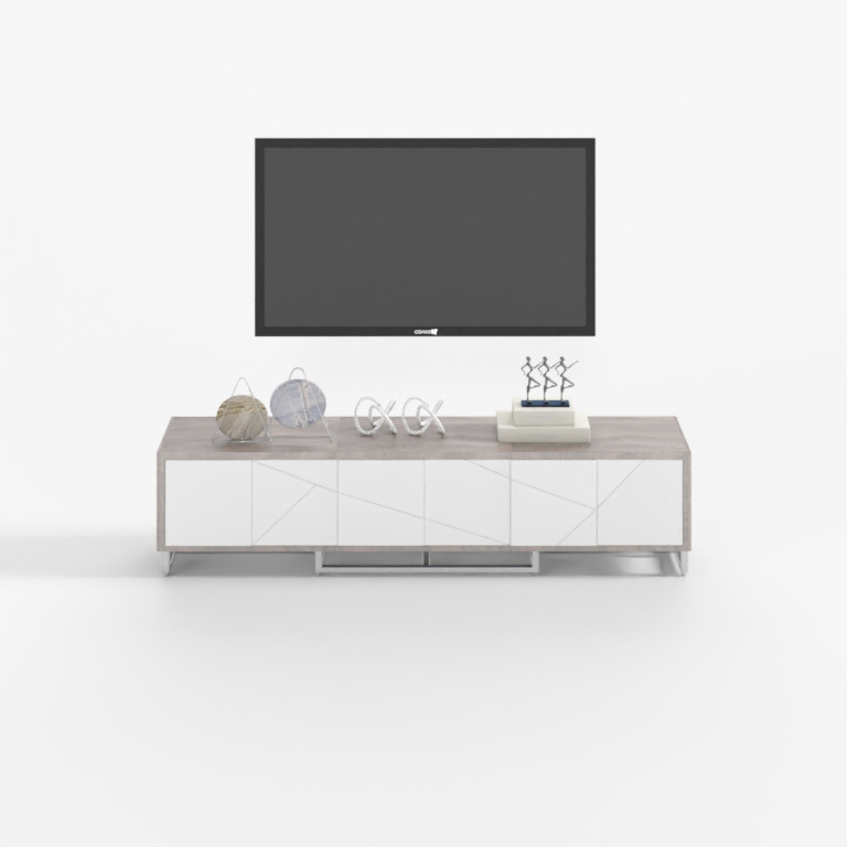 Modern light wood TV stand with white doors and geometric lines on white background