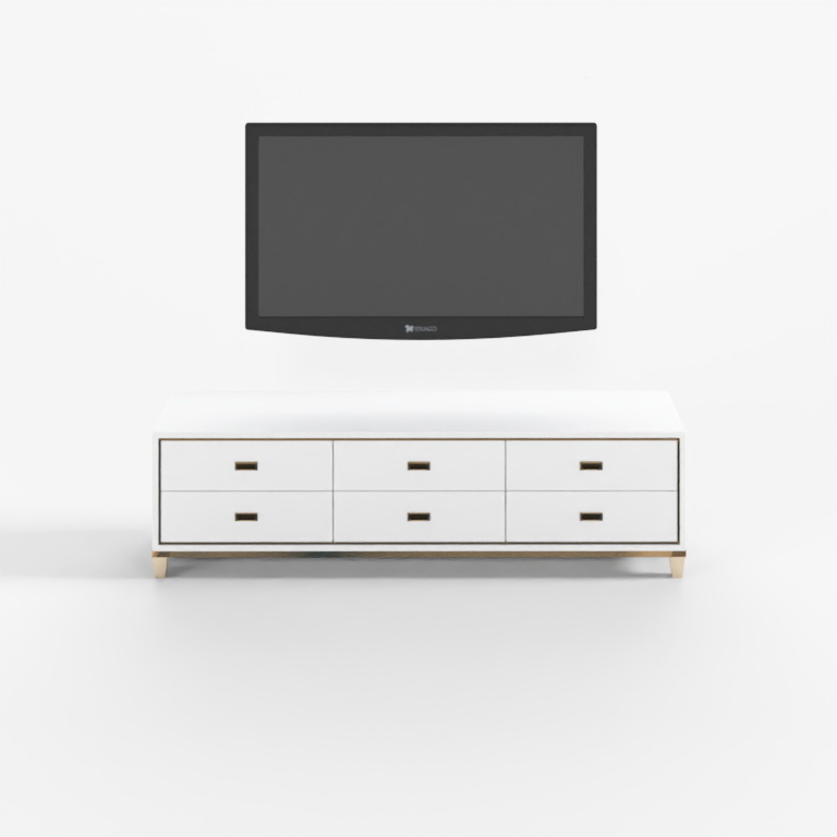 Modern white media cabinet with six drawers and light wood legs on white background
