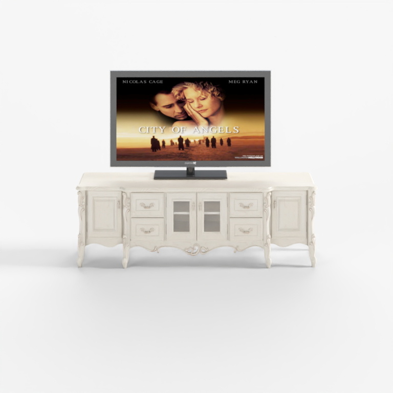 White classic style TV cabinet with carved legs and glass doors on white background