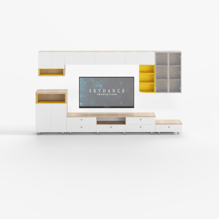 Modern white wall unit with yellow shelves and light wood top on white background
