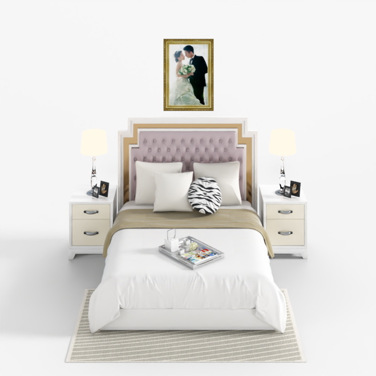 Modern bed with pink tufted headboard, white bedding, beige throw, and matching nightstands on white background
