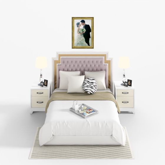 Modern bed with pink tufted headboard, white bedding, beige throw, and matching nightstands on white background