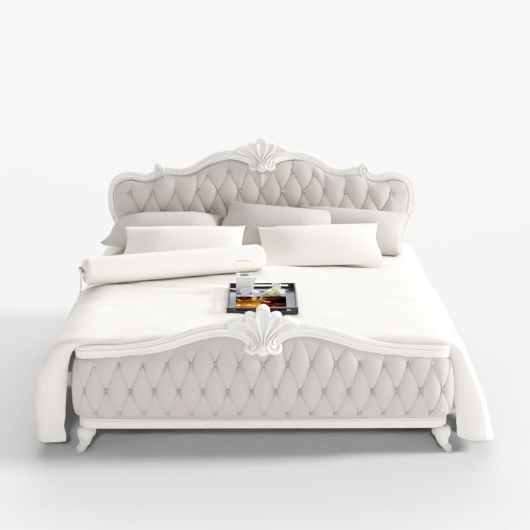 Classic white upholstered bed with tufted headboard and footboard on white background