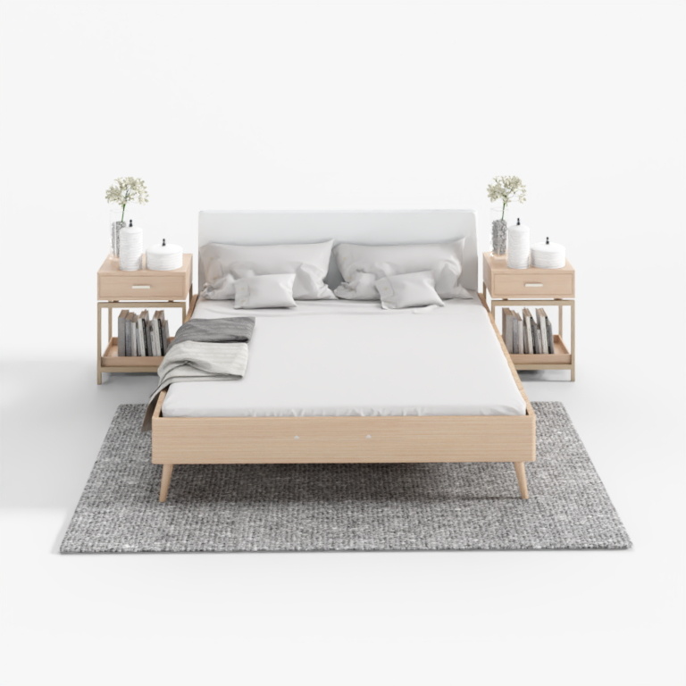 Light wood bed with white headboard and matching nightstands on grey rug on white background