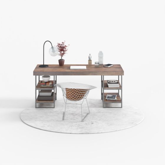 Modern wooden desk with metal shelves wire chair lamp on white background
