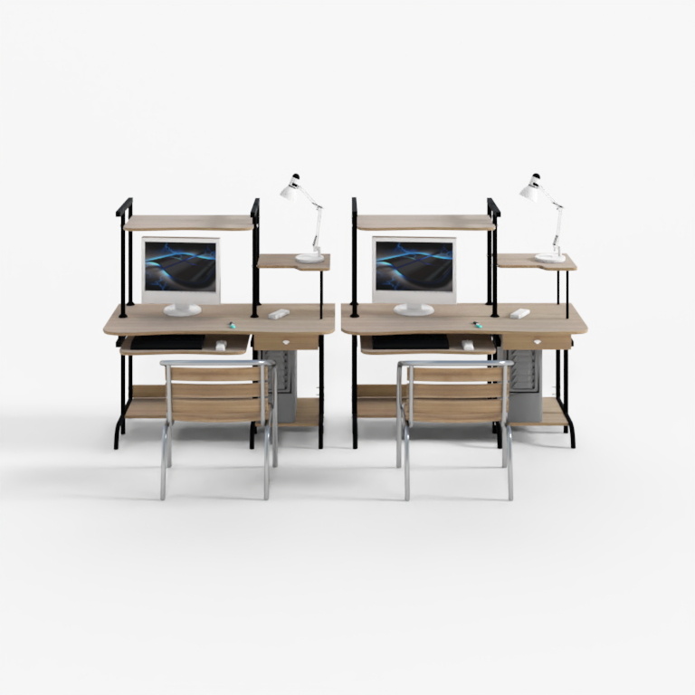 Two modern light wood office desks with black frames chairs computers and lamps on white background