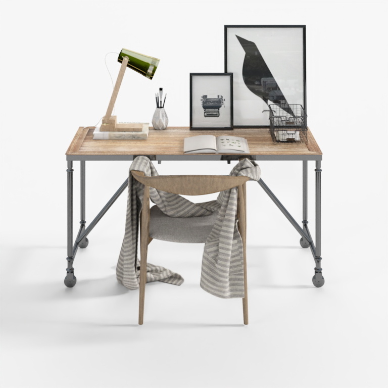 Industrial style wooden desk with grey metal legs and matching chair on white background