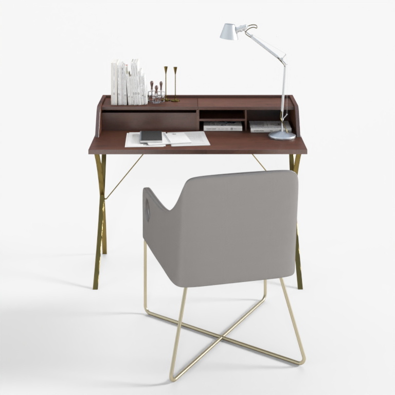 Modern brown wood desk with gold legs and grey chair on white background