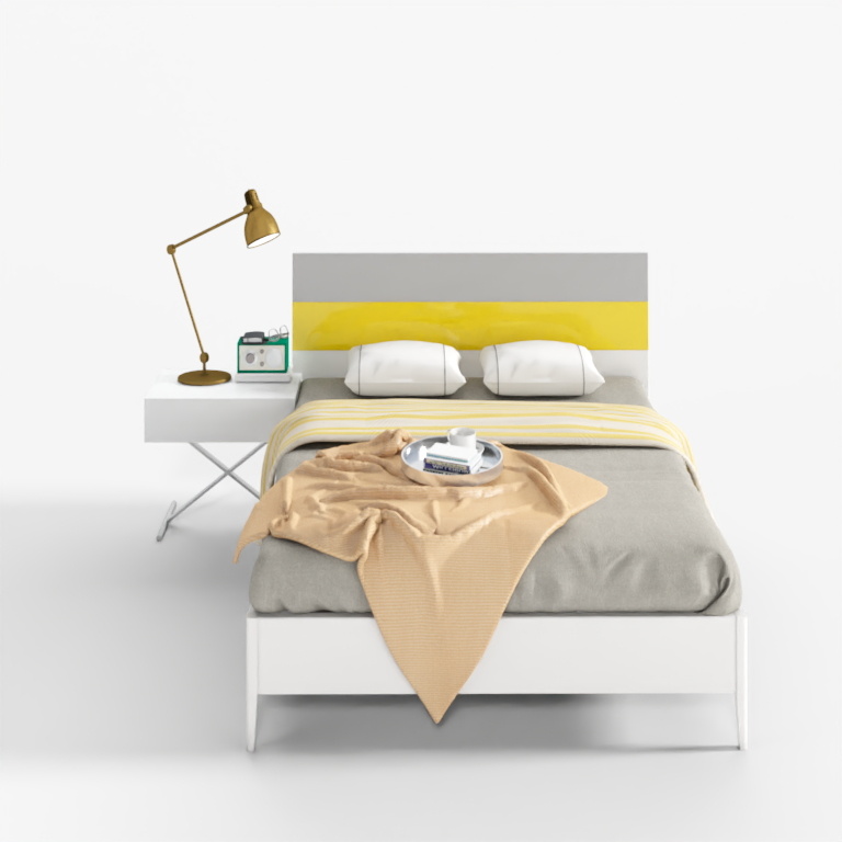 Modern white bed with yellow and grey headboard plus gold lamp on white background