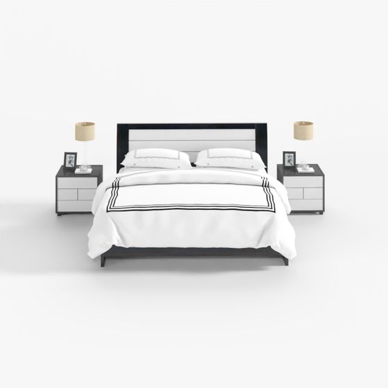 Modern black and white double bed with striped duvet and two matching nightstands on white background
