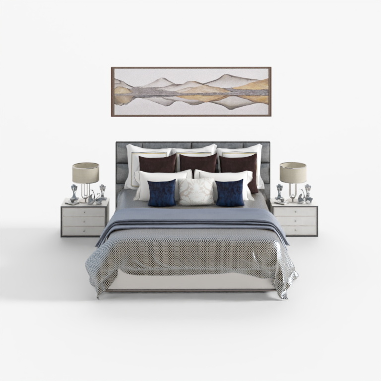 Contemporary king size bed with grey headboard and blue pillows on white background