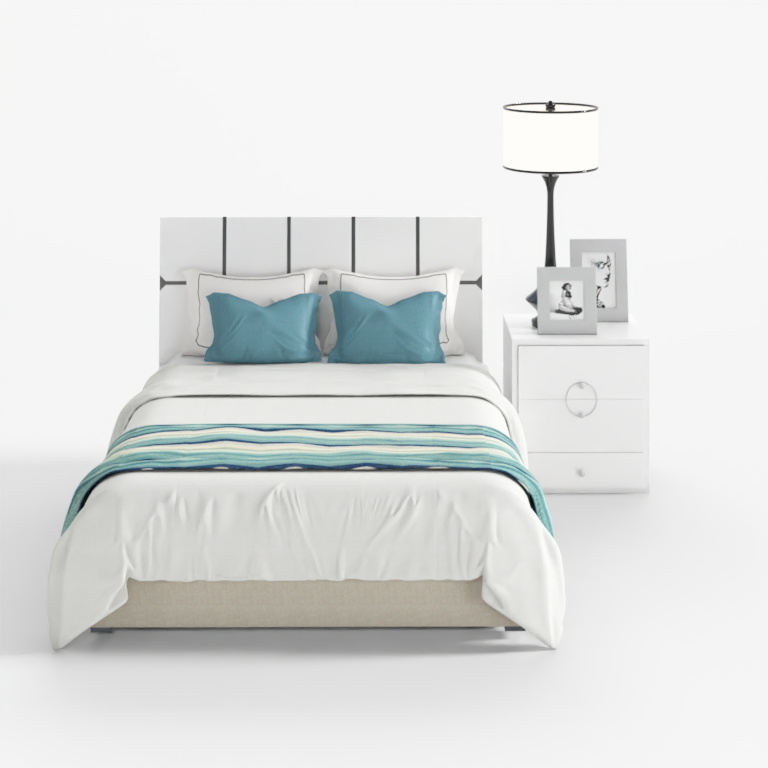 Modern white double bed with blue pillows and striped blanket on white background