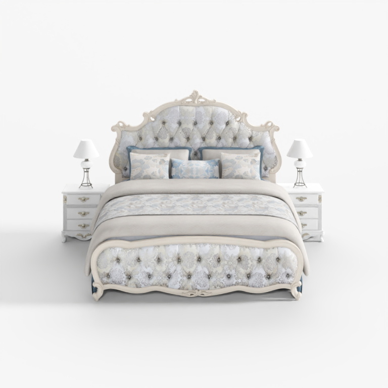 Classic white wooden bed with tufted headboard and matching nightstands on white background