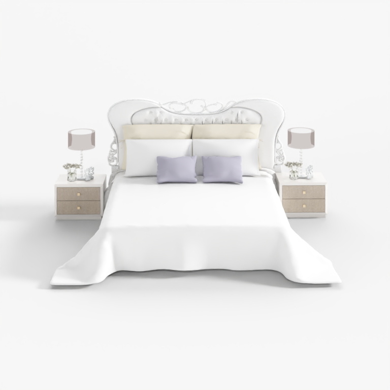 Classic white upholstered bed with purple pillows and two matching nightstands on white background