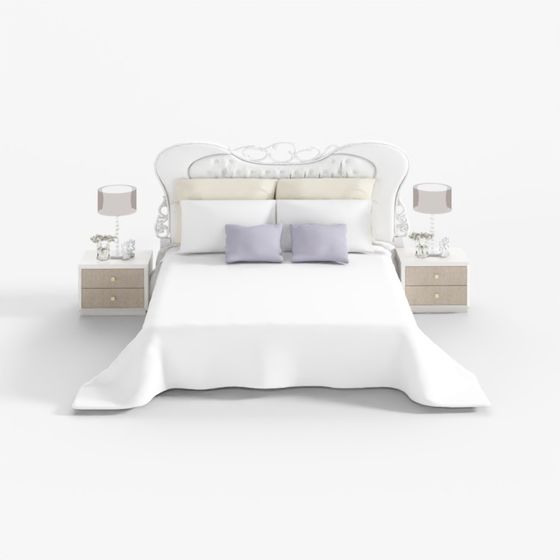 Classic white upholstered bed with purple pillows and two matching nightstands on white background