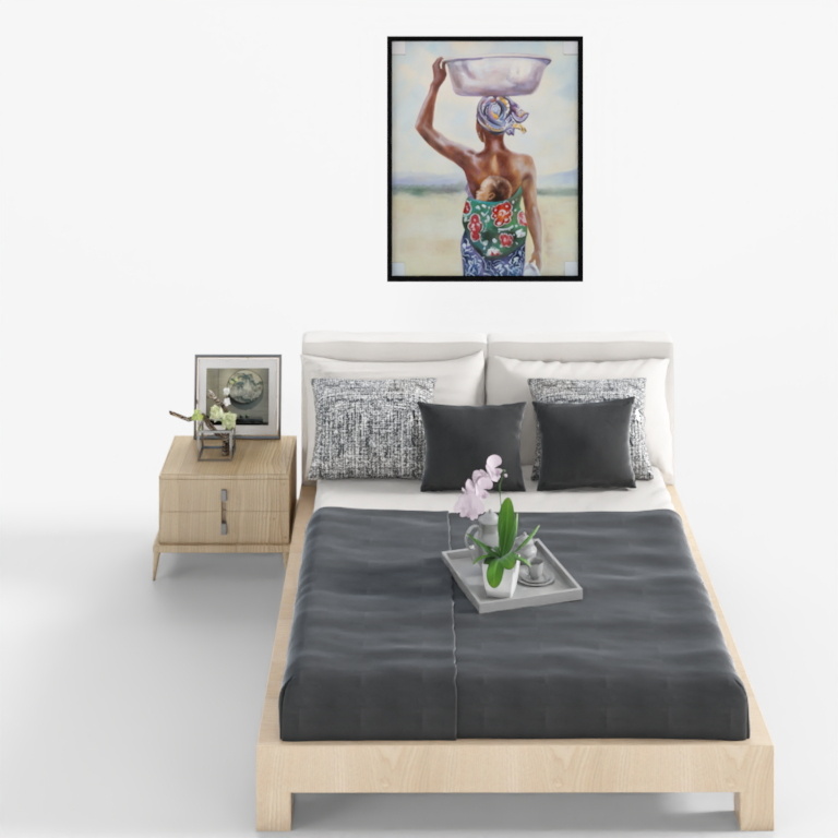 Modern light wood platform bed with grey bedding and matching nightstand on white background