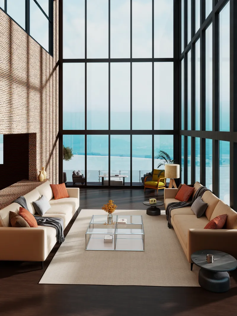 Modern living room with high brick wall large windows facing sea two sofas glass table