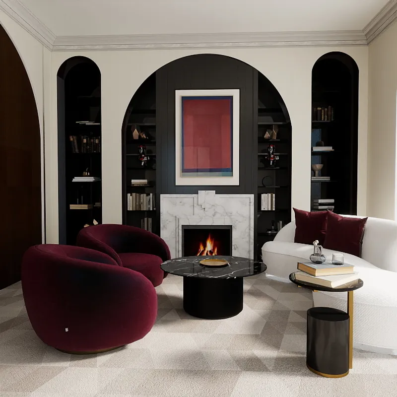 Luxurious living room featuring white sofa, red armchairs, black marble table, fireplace, and arched bookshelves