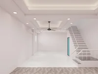 Bright empty room with marble tiles ceiling fan white stairs and clean white wall design