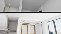 Interior design drawing comparison showing empty room versus room with city window and stone stairs