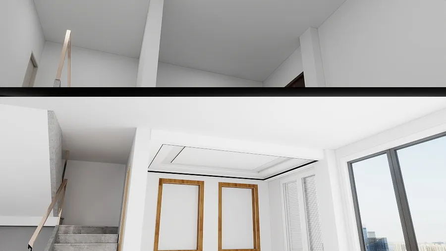Interior design drawing comparison showing empty room versus room with city window and stone stairs