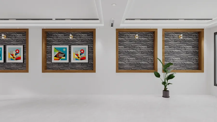 Modern white wall with four wooden frames, dark brick backings, abstract art, and green plant